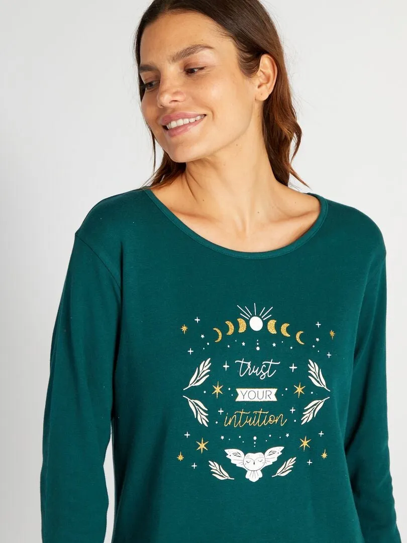 PIJAMA LARGO CAMISETA + PANTALóN DE FRANELA  2 PIEZAS  VERDE
